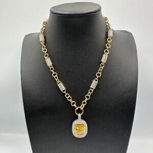JC Thailand Necklace Gold Tone Yellow Cushion Cut Pendant Pave Barrel Links
